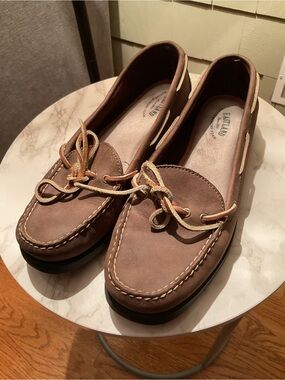 Eastland Taupe Brown Leather Moccasin Loafers with Lace Trim
